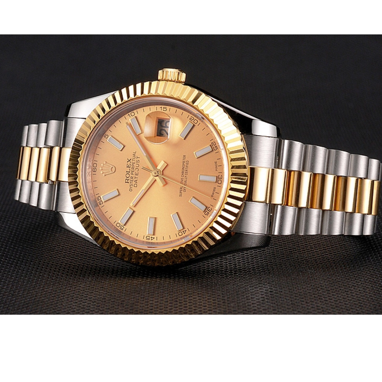Aaa replica watch Datejust Bezel Rolex Gold Swiss Two Dial Stainless Gold Steel Tone Case Bracelet 0614